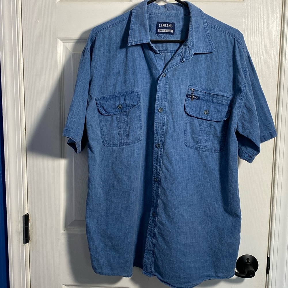 Lanzans Men Denim Short Sleeve Button Down Shirt XXL